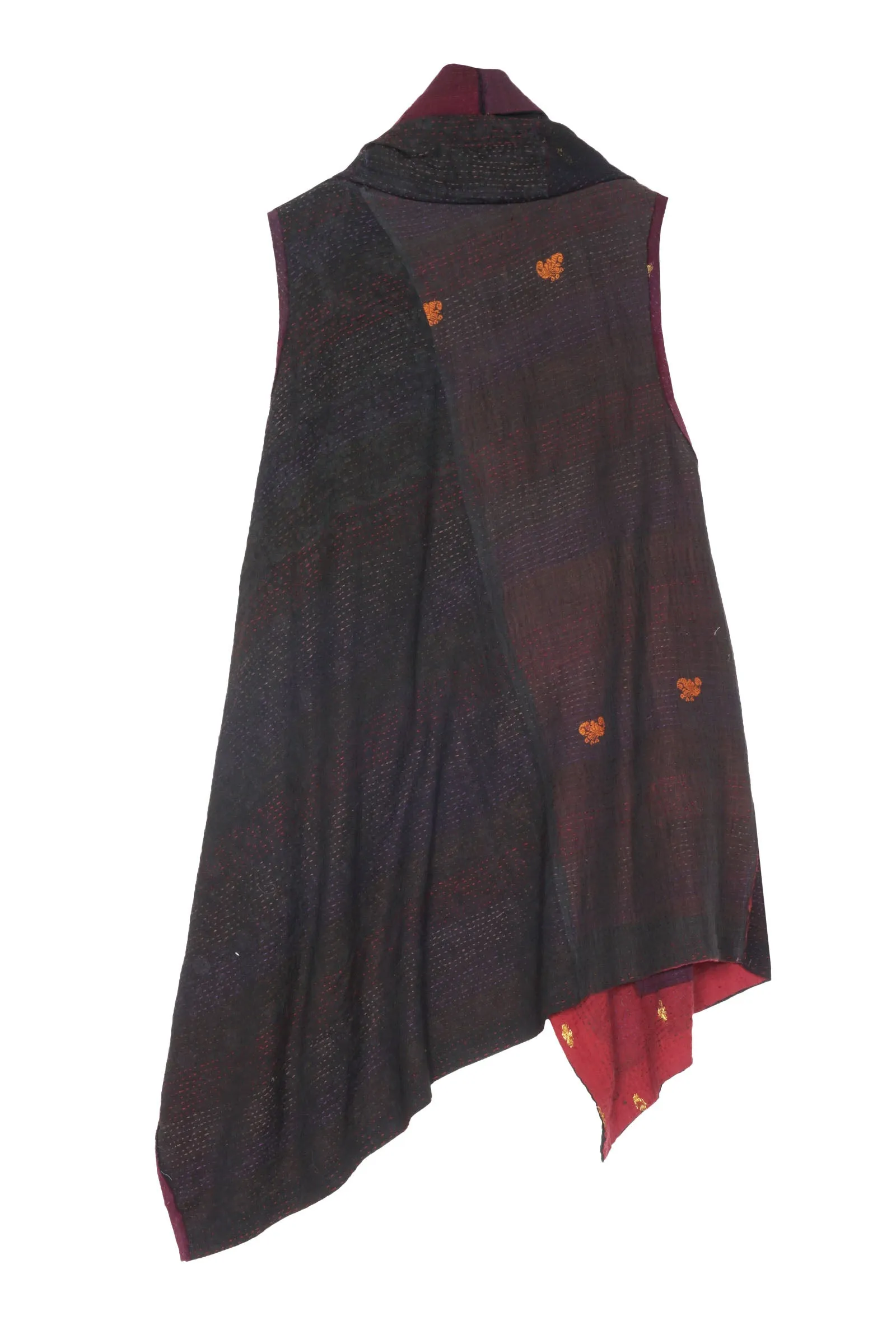 LANDSCAPE FRAYED PATCH KANTHA HOODED VEST - lf2220-red -