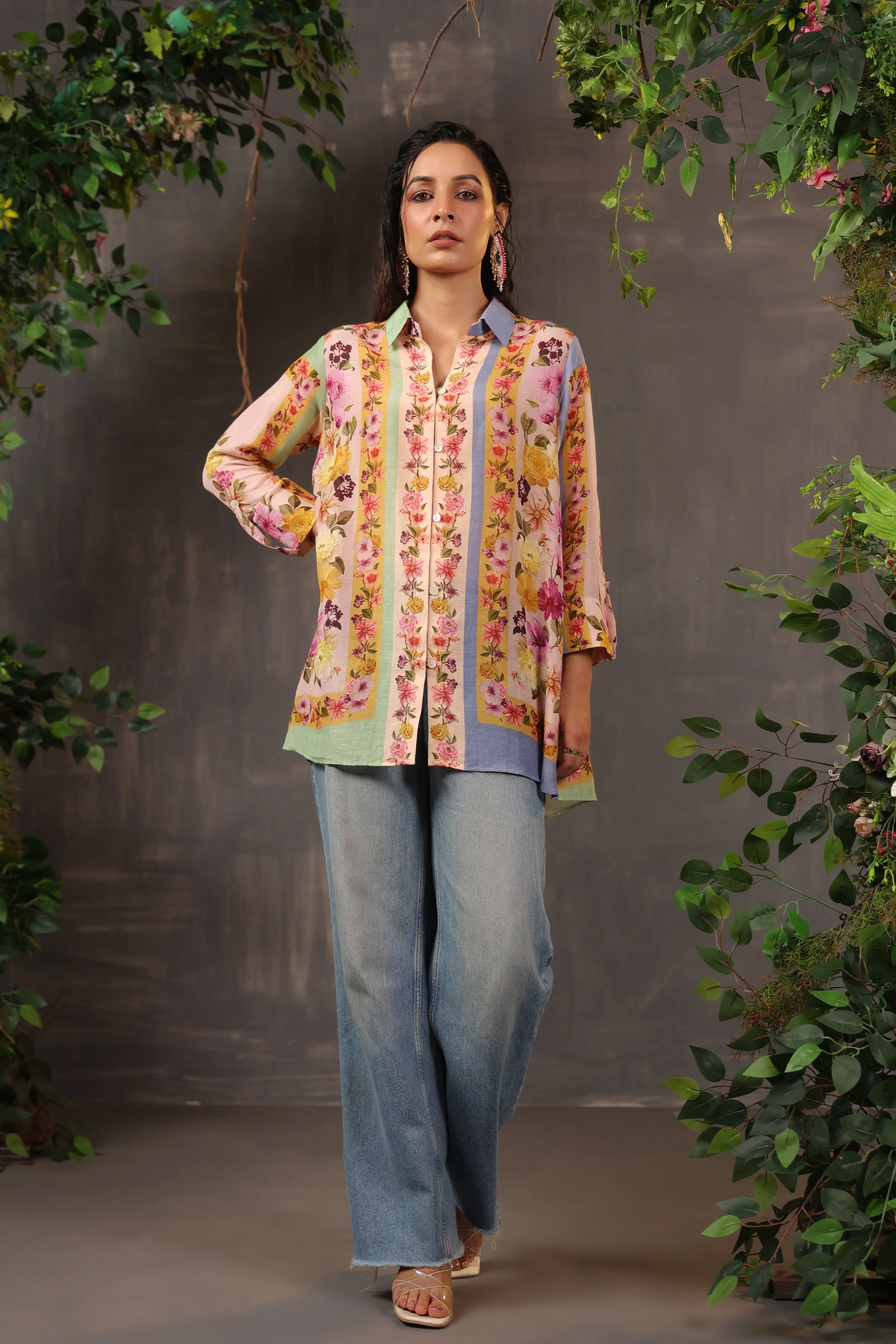 Light Peach Floral Printed Modal Linen Silk Shirt