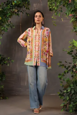 Light Peach Floral Printed Modal Linen Silk Shirt