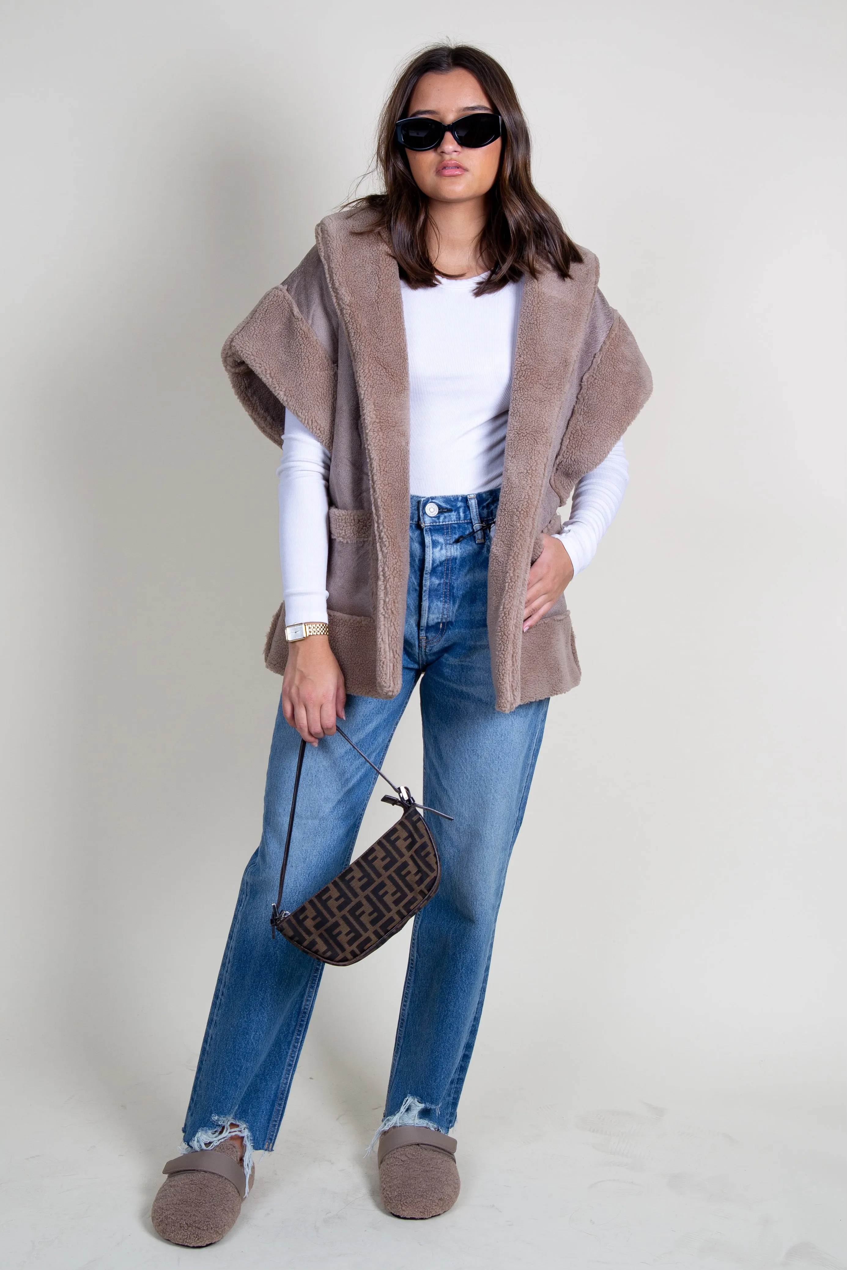 LINE & DOT | Ace Faux Shearling Vest - Mushroom