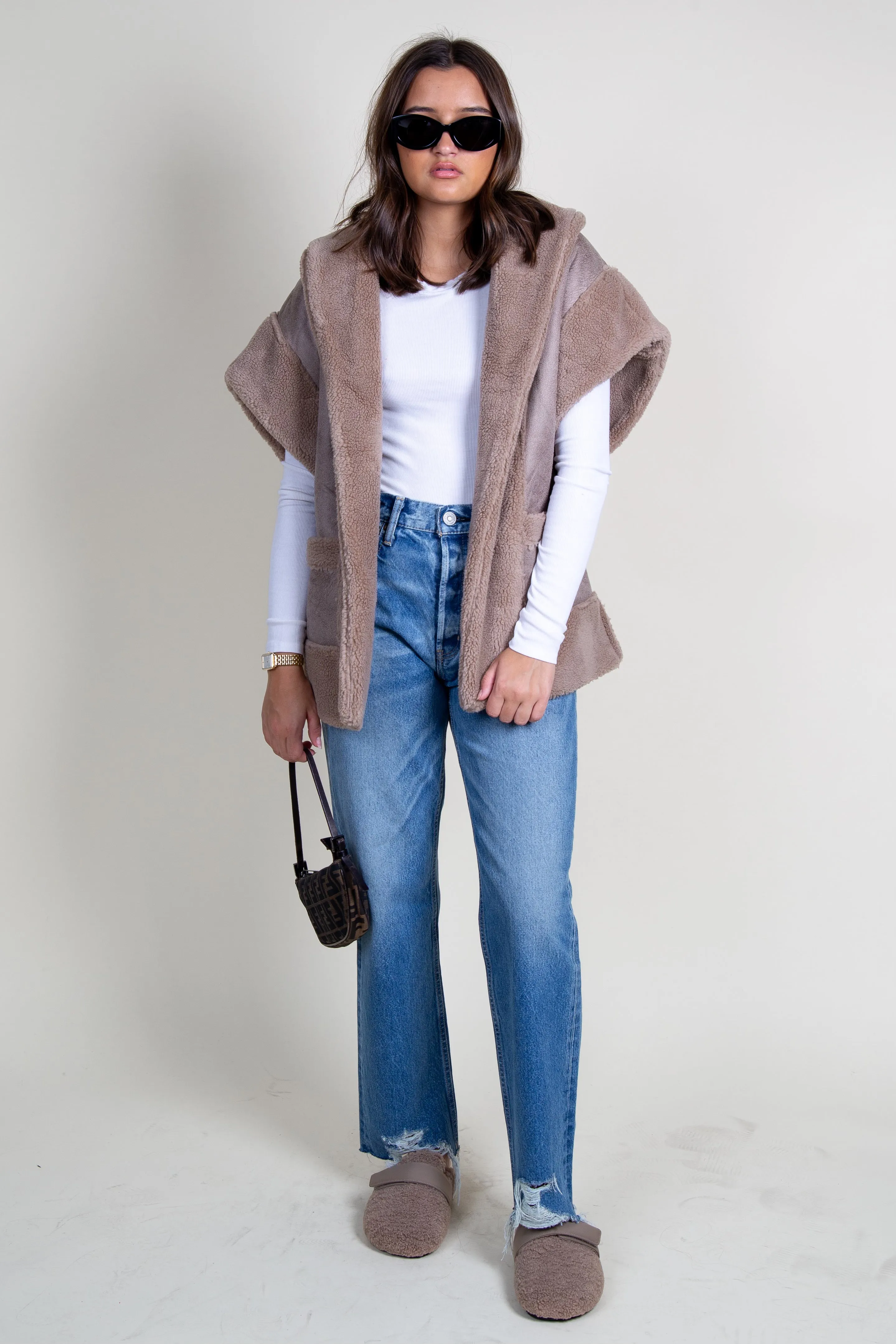 LINE & DOT | Ace Faux Shearling Vest - Mushroom