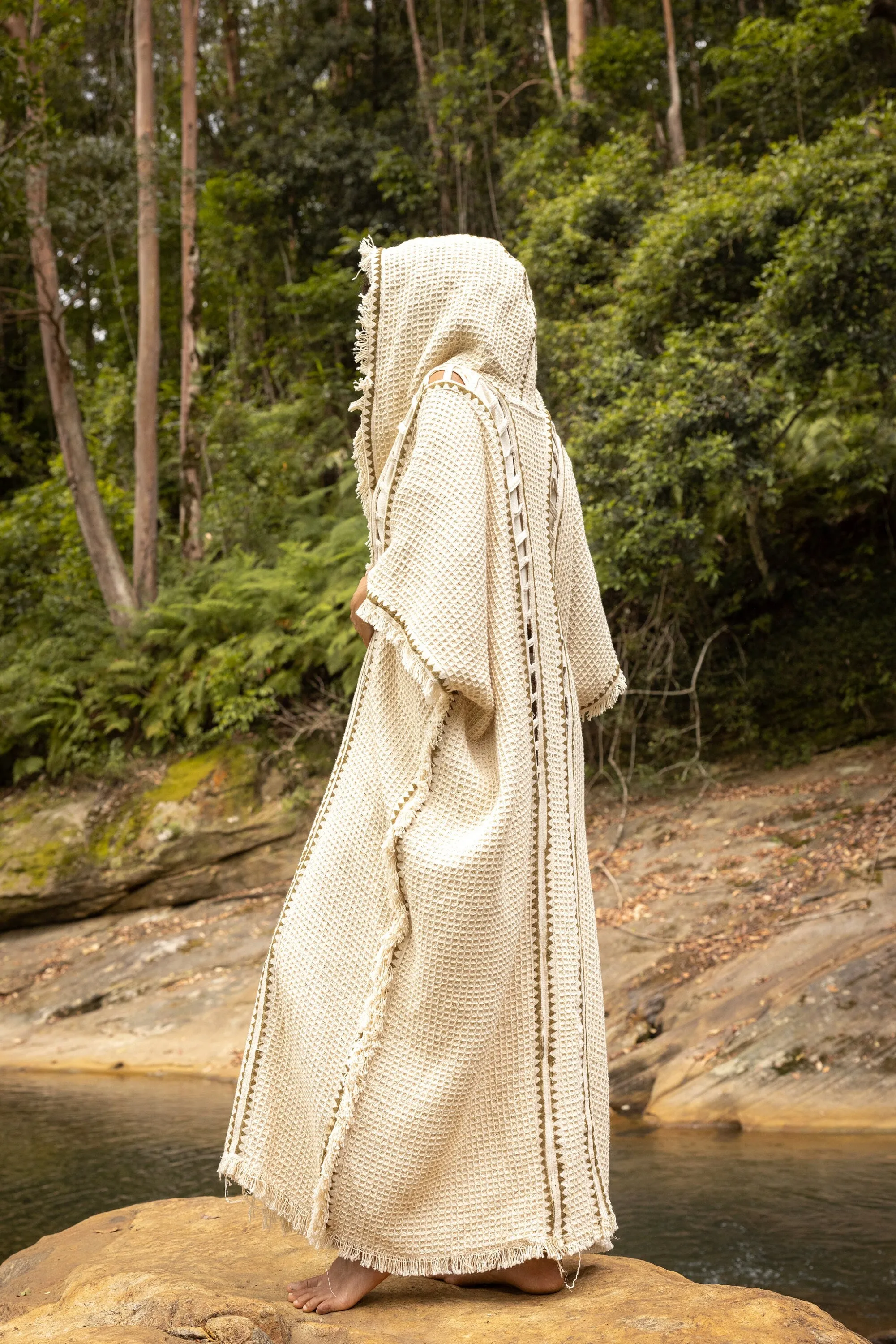 MAGOS WIZARD Ivory Beige Long Hooded Kimono Vest Robe Tribal Ritual Ceremony Gypsy Festival Magic Ritual Primitive Rave Boho Earthy AJJAYA