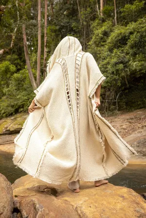 MAGOS WIZARD Ivory Beige Long Hooded Kimono Vest Robe Tribal Ritual Ceremony Gypsy Festival Magic Ritual Primitive Rave Boho Earthy AJJAYA