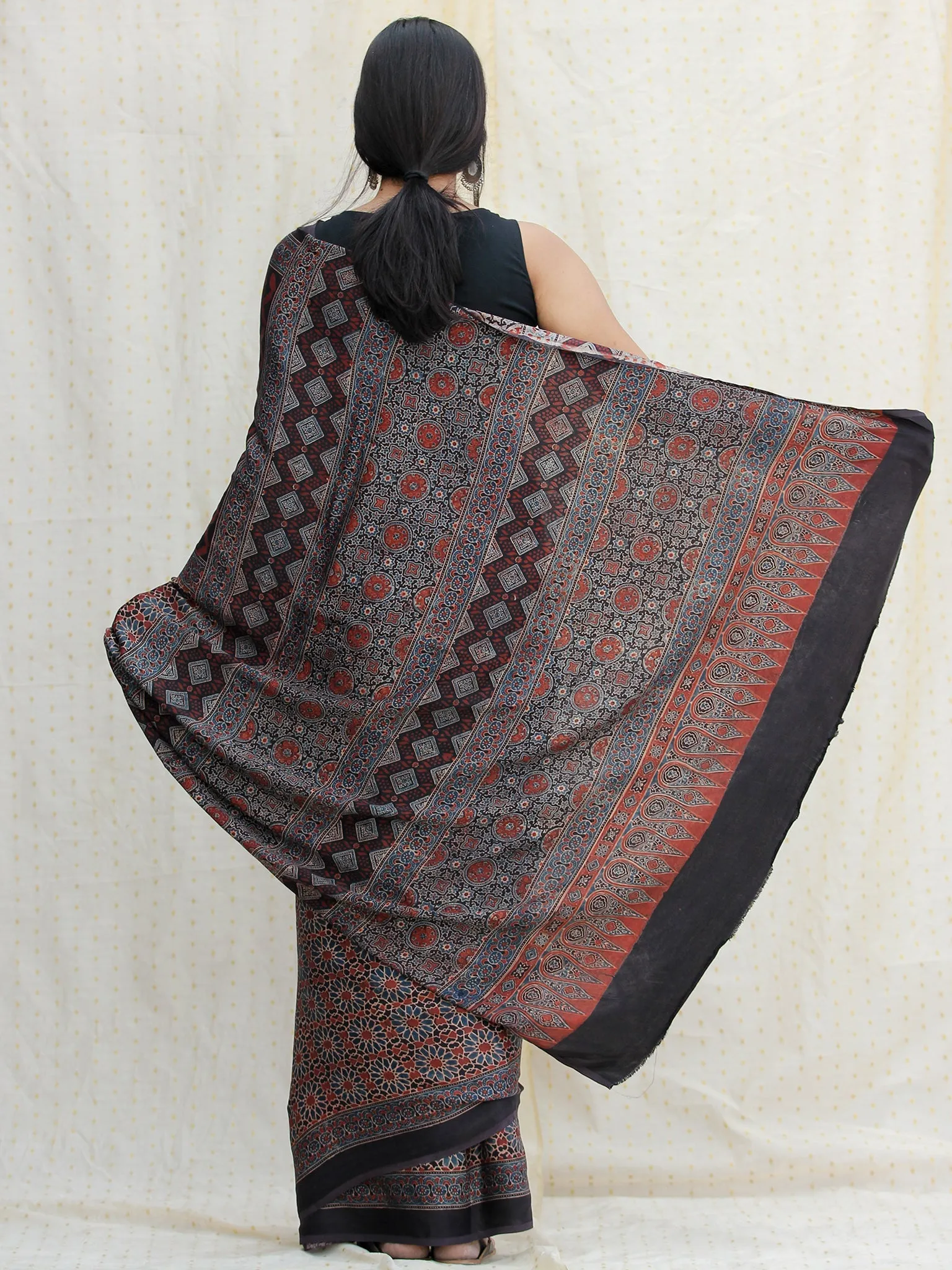 Maroon Black  Indigo Ajrakh Hand Block Printed Modal Silk Saree - S031704116