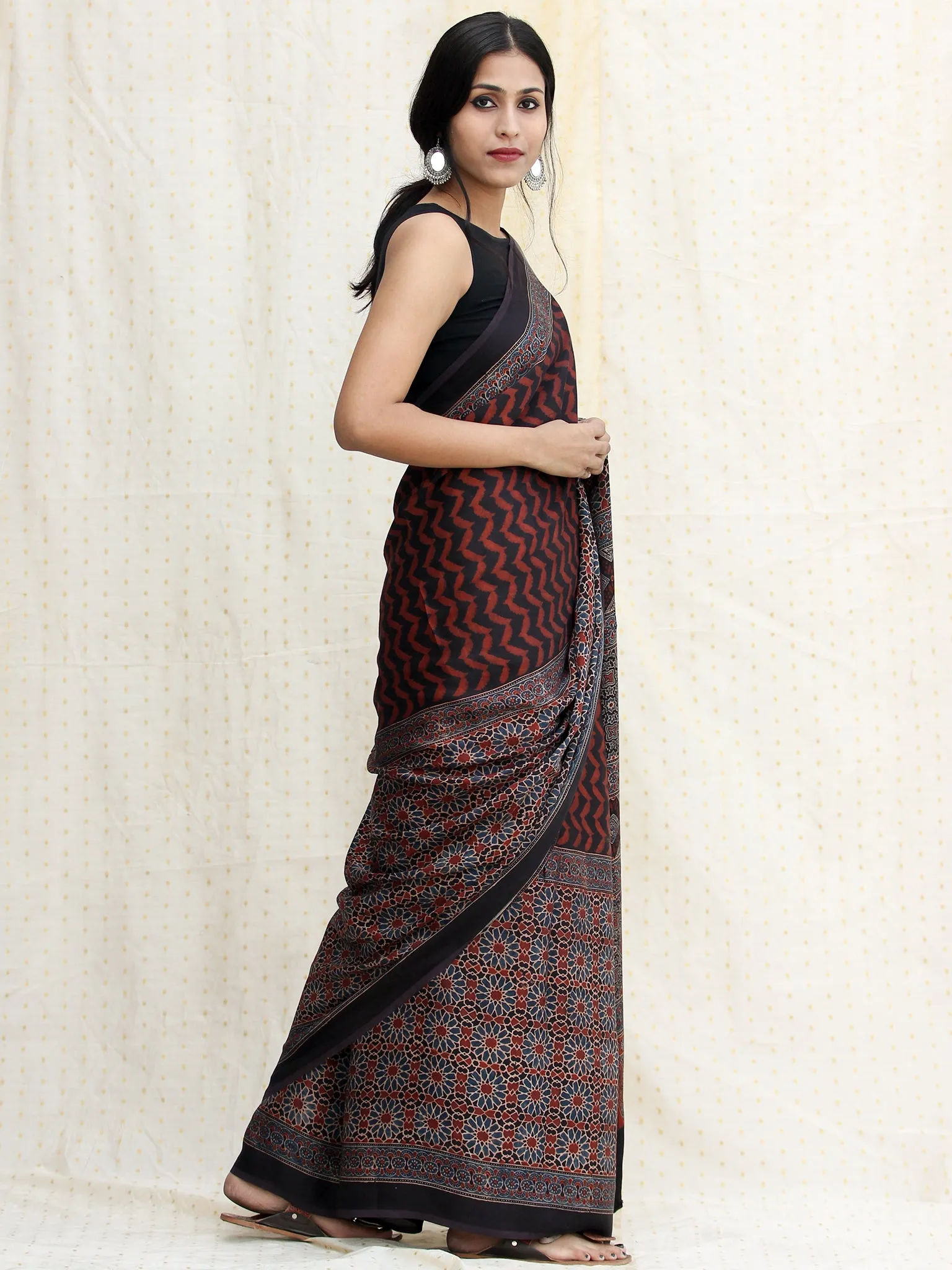 Maroon Black  Indigo Ajrakh Hand Block Printed Modal Silk Saree - S031704116