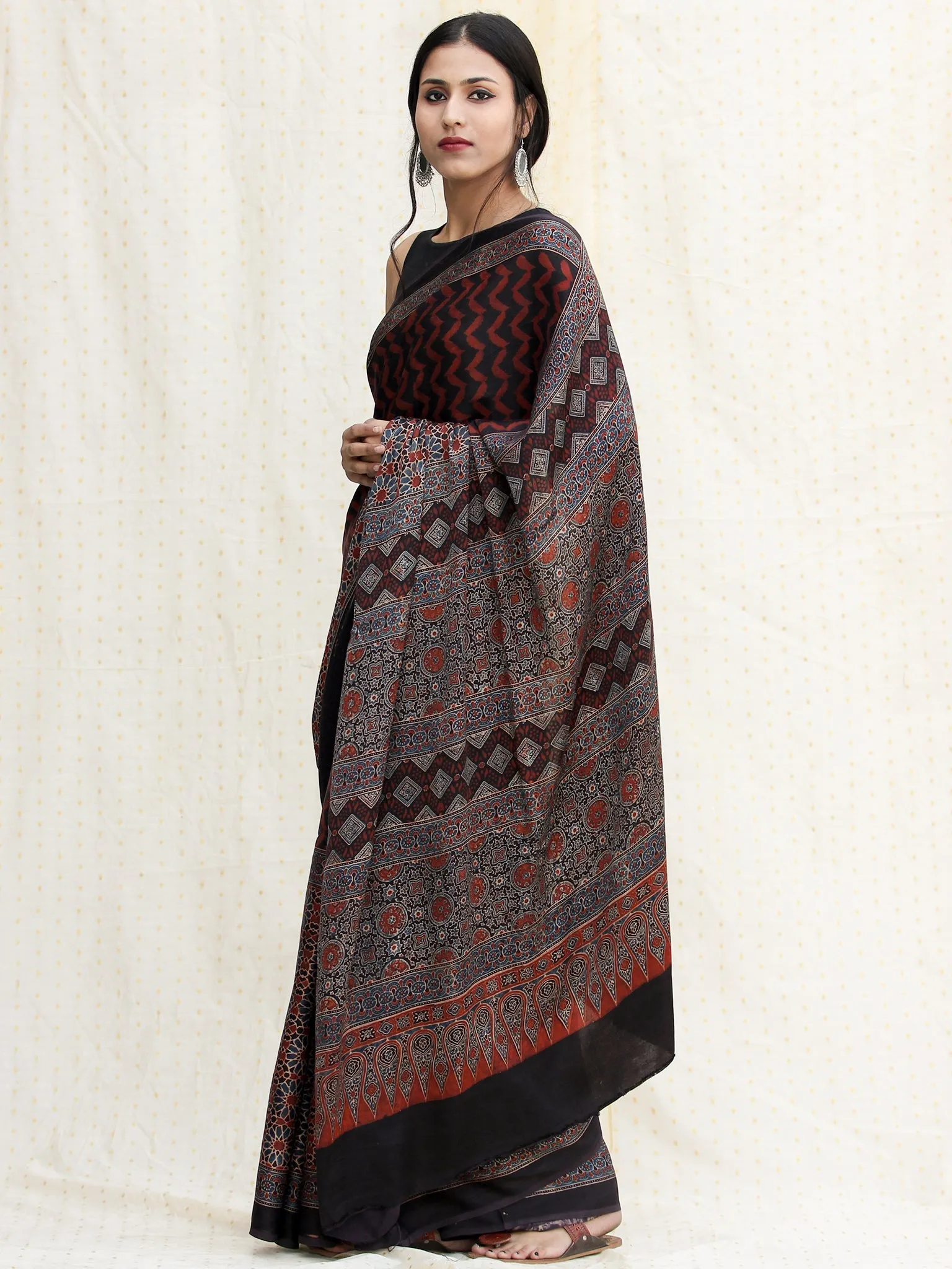 Maroon Black  Indigo Ajrakh Hand Block Printed Modal Silk Saree - S031704116