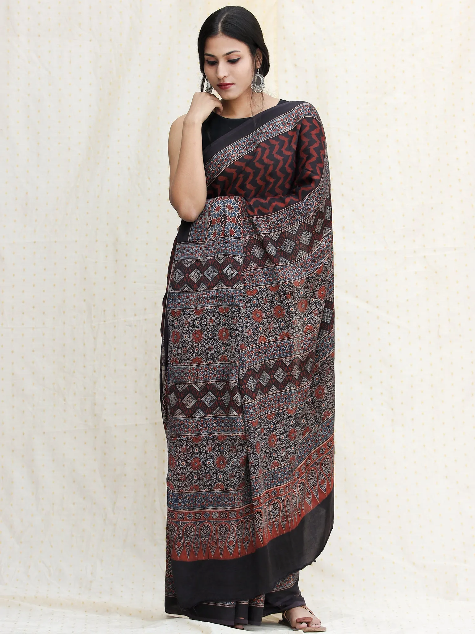 Maroon Black  Indigo Ajrakh Hand Block Printed Modal Silk Saree - S031704116