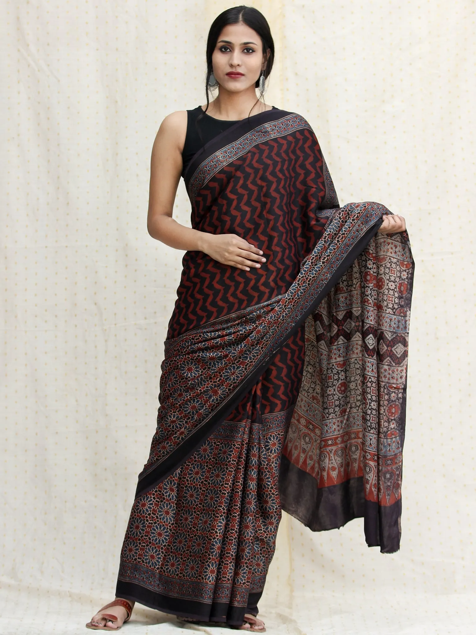 Maroon Black  Indigo Ajrakh Hand Block Printed Modal Silk Saree - S031704116