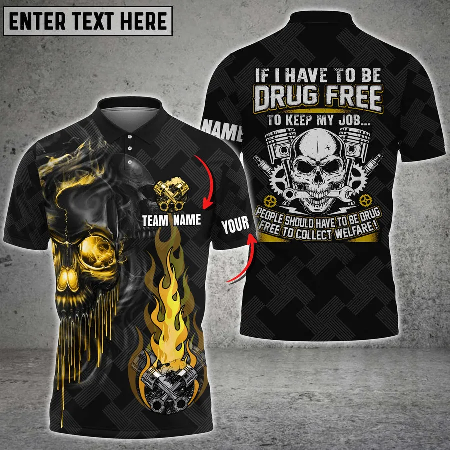 Mechanic Skull If I Have To Be Drug Free Custom Name Multi Color Printed 3D Polo Shirt