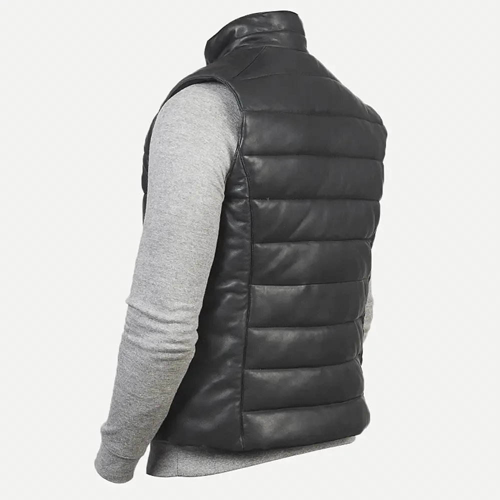 Mens Black Leather Puffer Vest