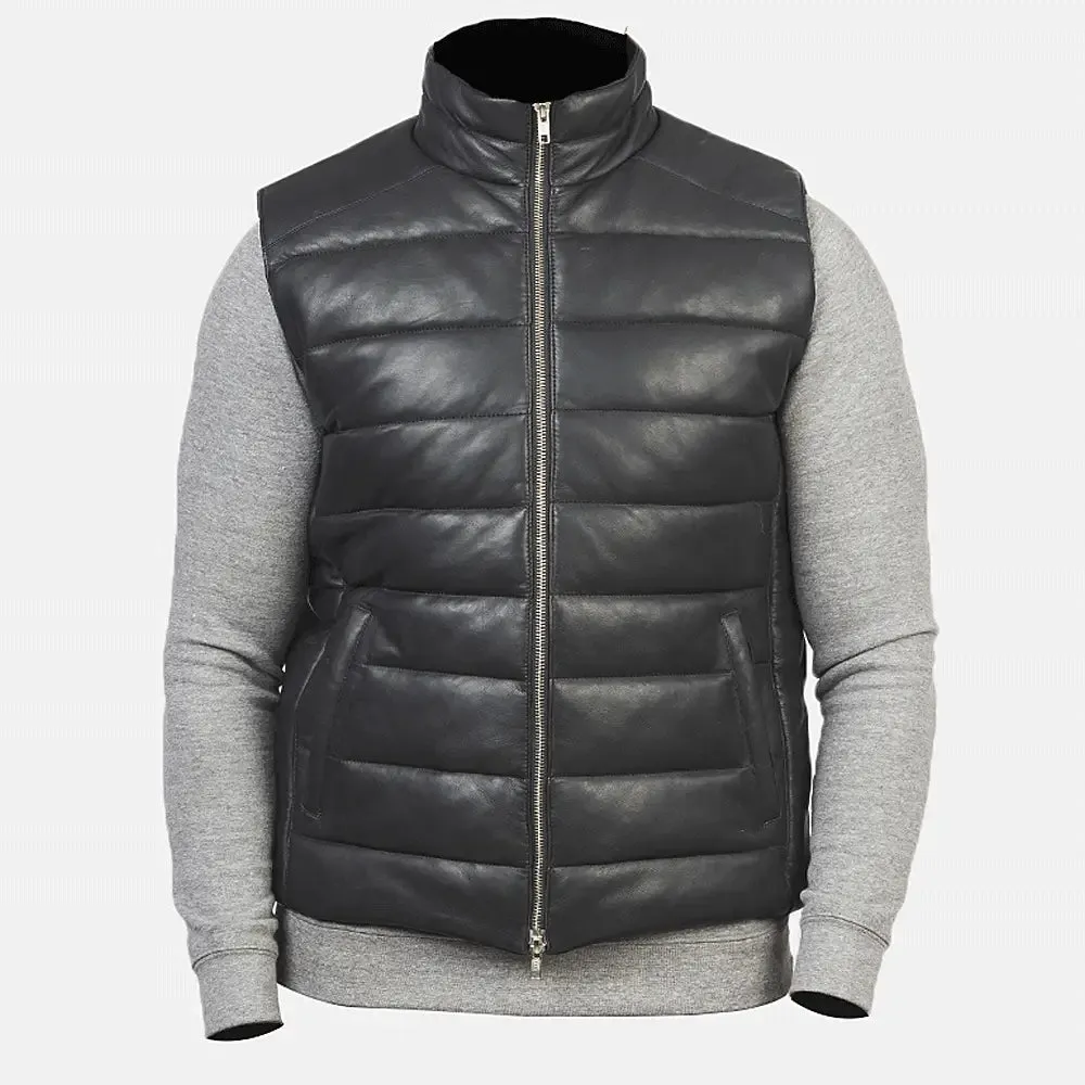 Mens Black Leather Puffer Vest