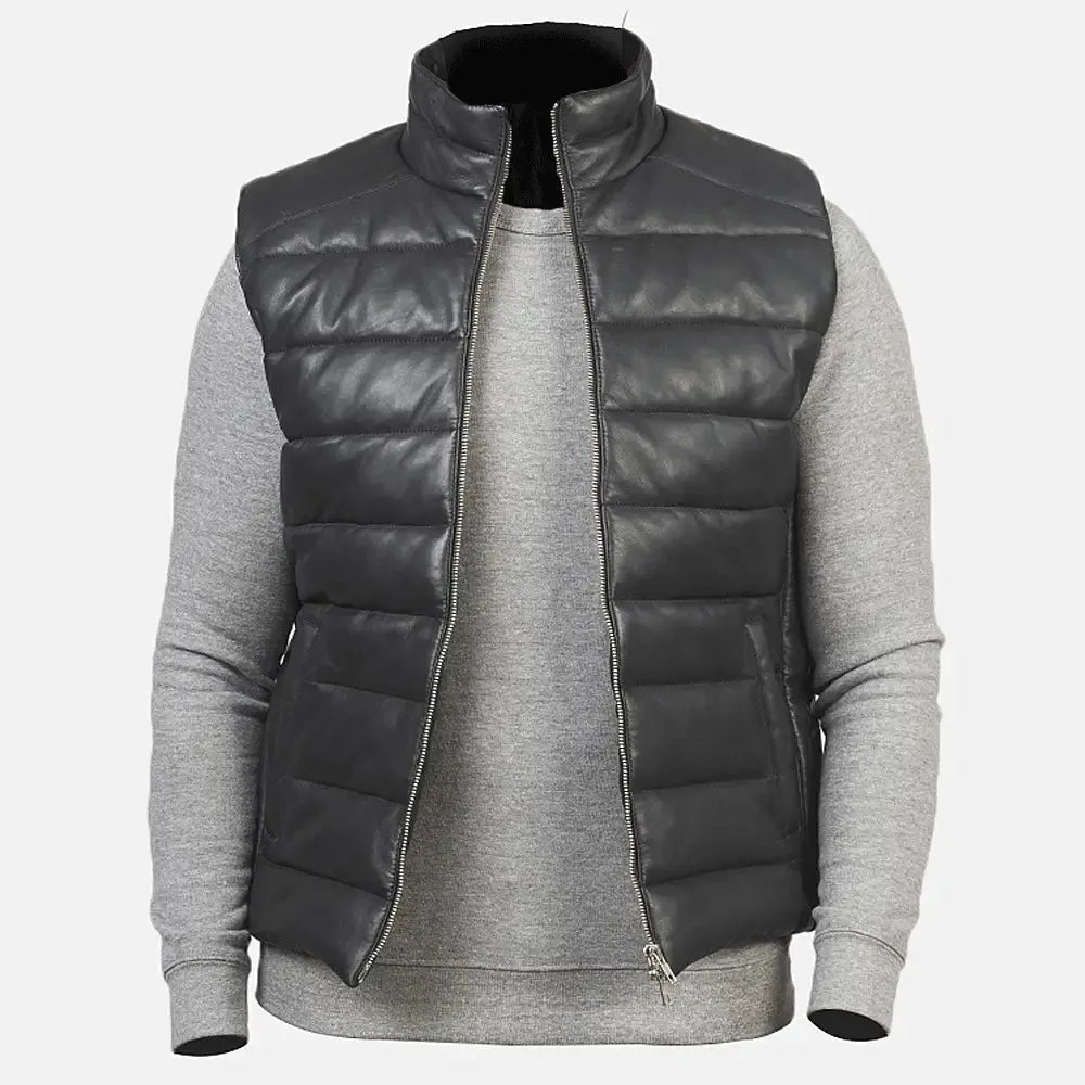 Mens Black Leather Puffer Vest