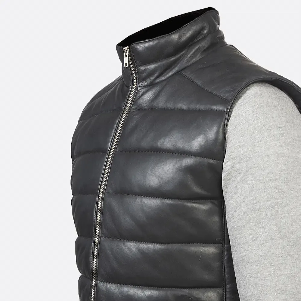 Mens Black Leather Puffer Vest