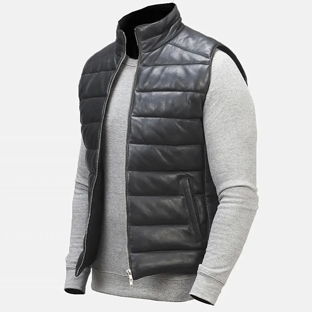 Mens Black Leather Puffer Vest