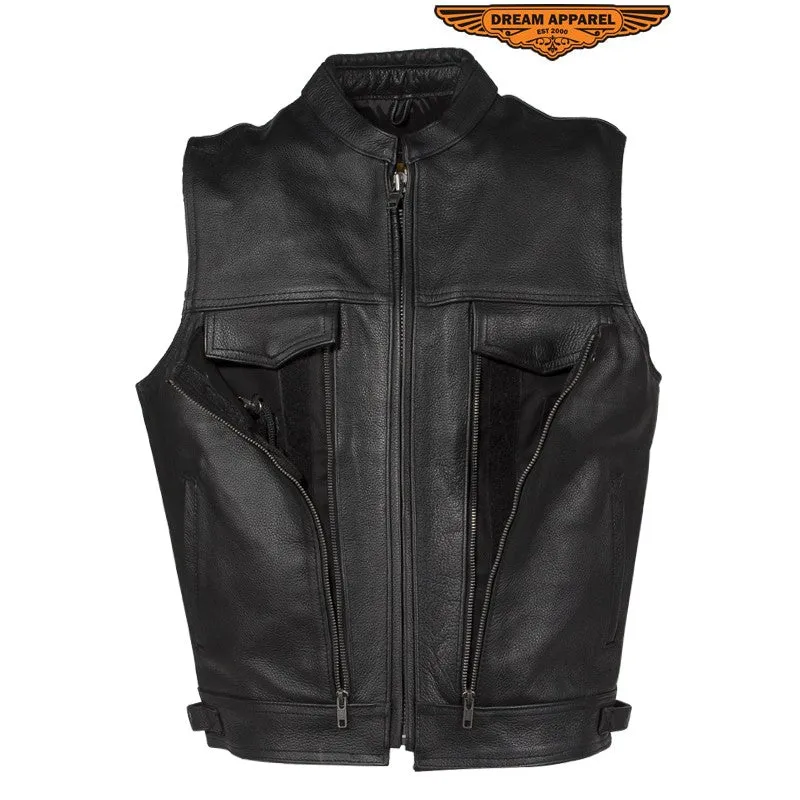 Men's Leather Club Vest With Gun Pocket & Hidden Pockets