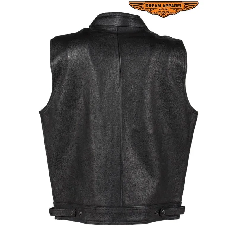 Men's Leather Club Vest With Gun Pocket & Hidden Pockets