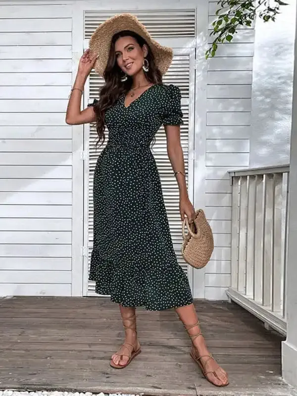 New women’s casual holiday polka dot v-neck mid-length dress