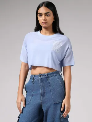 Nuon Light Blue Printed Mesh Crop Top