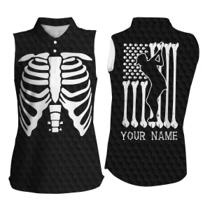 Personalized Funny Boner Women's Sleeveless Polo Shirt Skeleton American Flag Custom Name Black White Golf Shirt