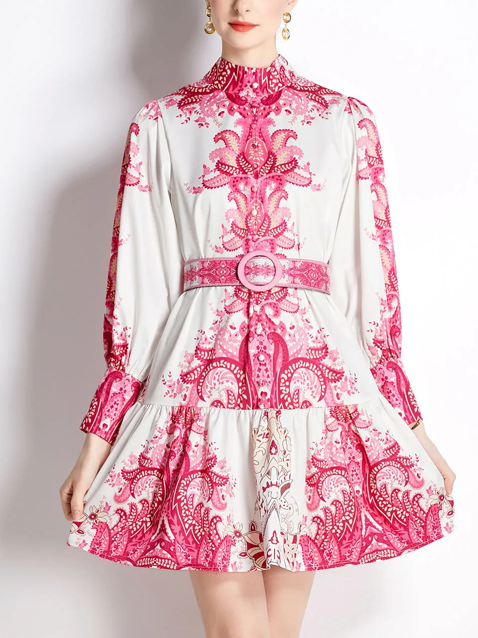 Pink Romantic Flower Print Long Sleeve With Belt Holiday Dress For Women