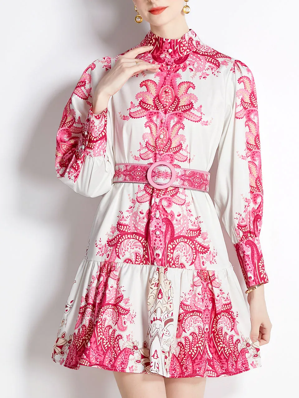 Pink Romantic Flower Print Long Sleeve With Belt Holiday Dress For Women