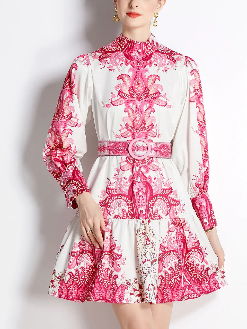 Pink Romantic Flower Print Long Sleeve With Belt Holiday Dress For Women