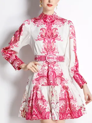 Pink Romantic Flower Print Long Sleeve With Belt Holiday Dress For Women