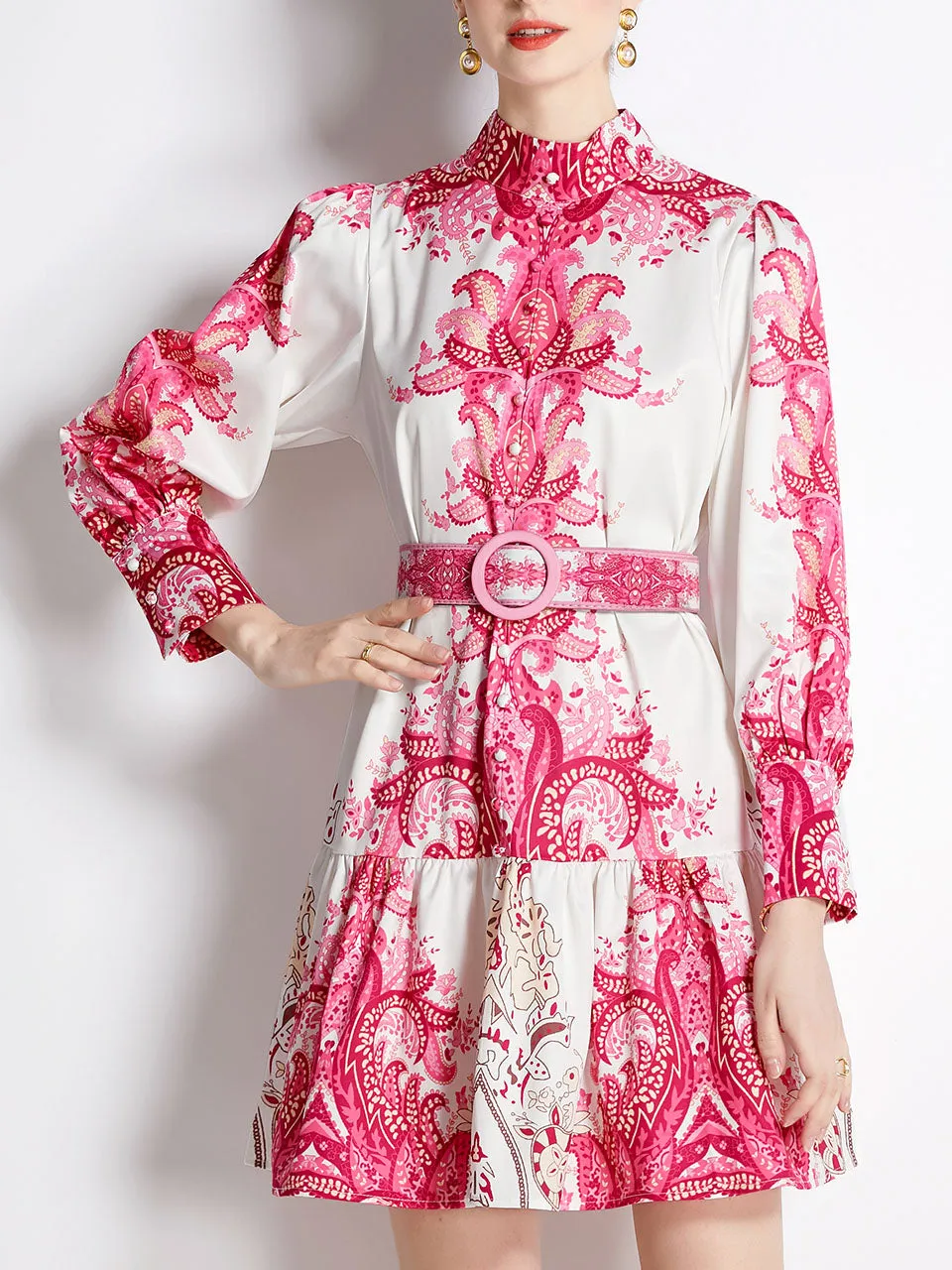 Pink Romantic Flower Print Long Sleeve With Belt Holiday Dress For Women