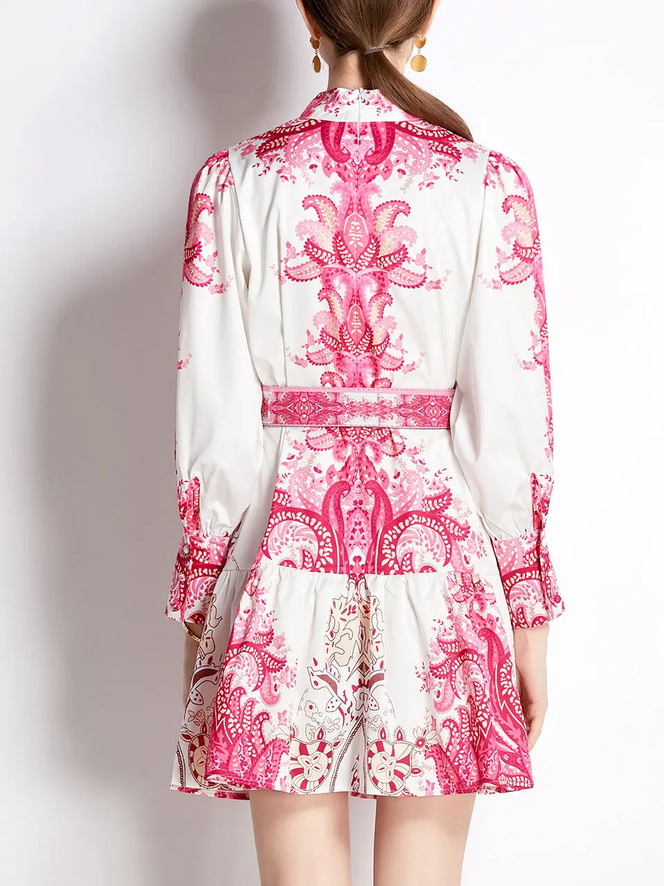 Pink Romantic Flower Print Long Sleeve With Belt Holiday Dress For Women