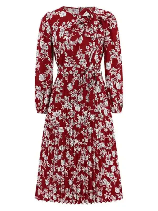 Pleated long-sleeved floral retro bow dress