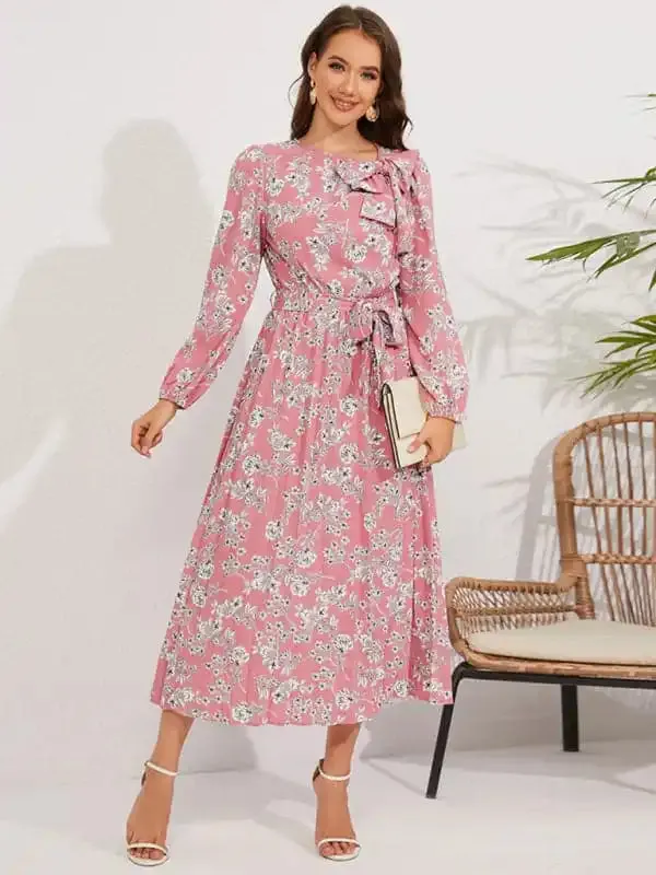 Pleated long-sleeved floral retro bow dress