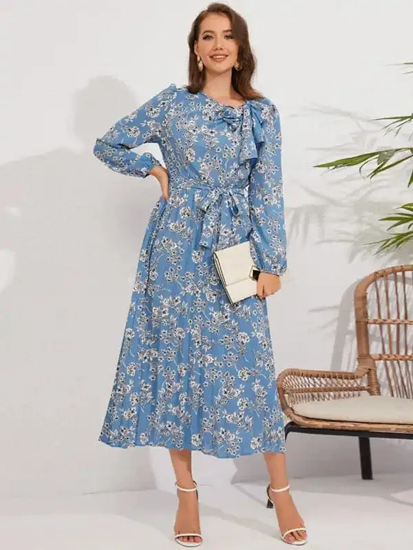 Pleated long-sleeved floral retro bow dress