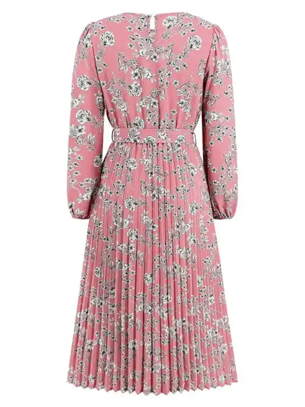 Pleated long-sleeved floral retro bow dress