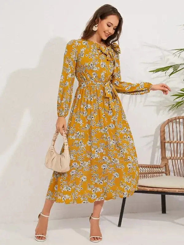 Pleated long-sleeved floral retro bow dress