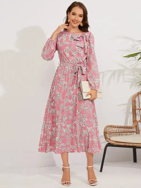 Pleated long-sleeved floral retro bow dress