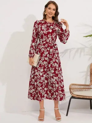 Pleated long-sleeved floral retro bow dress