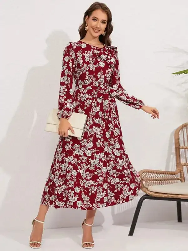 Pleated long-sleeved floral retro bow dress