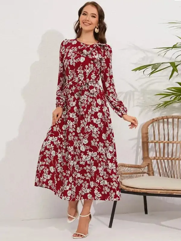 Pleated long-sleeved floral retro bow dress