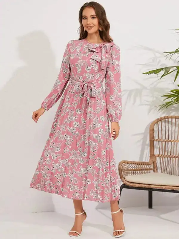 Pleated long-sleeved floral retro bow dress