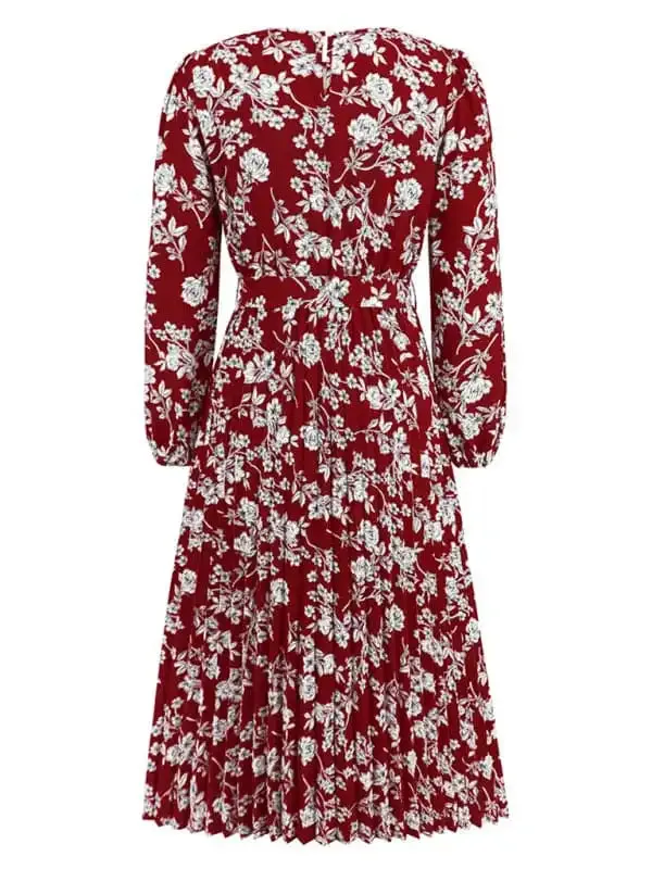 Pleated long-sleeved floral retro bow dress