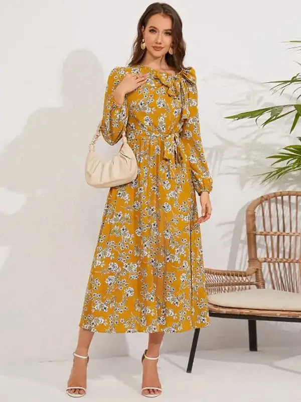 Pleated long-sleeved floral retro bow dress