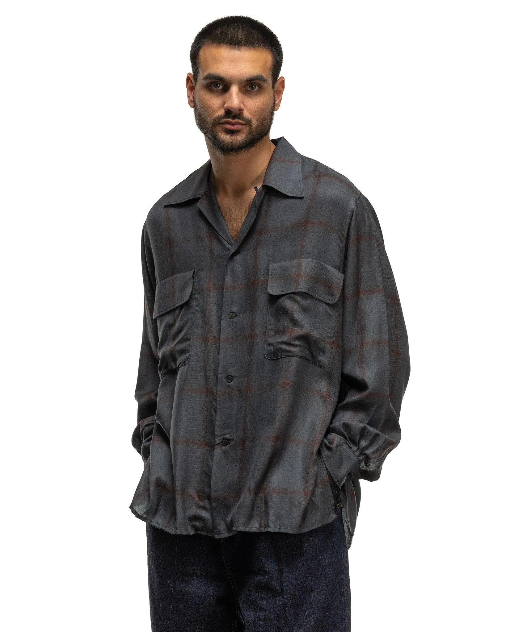 Rayon Wool Plaid Open Collar Shirt Charcoal