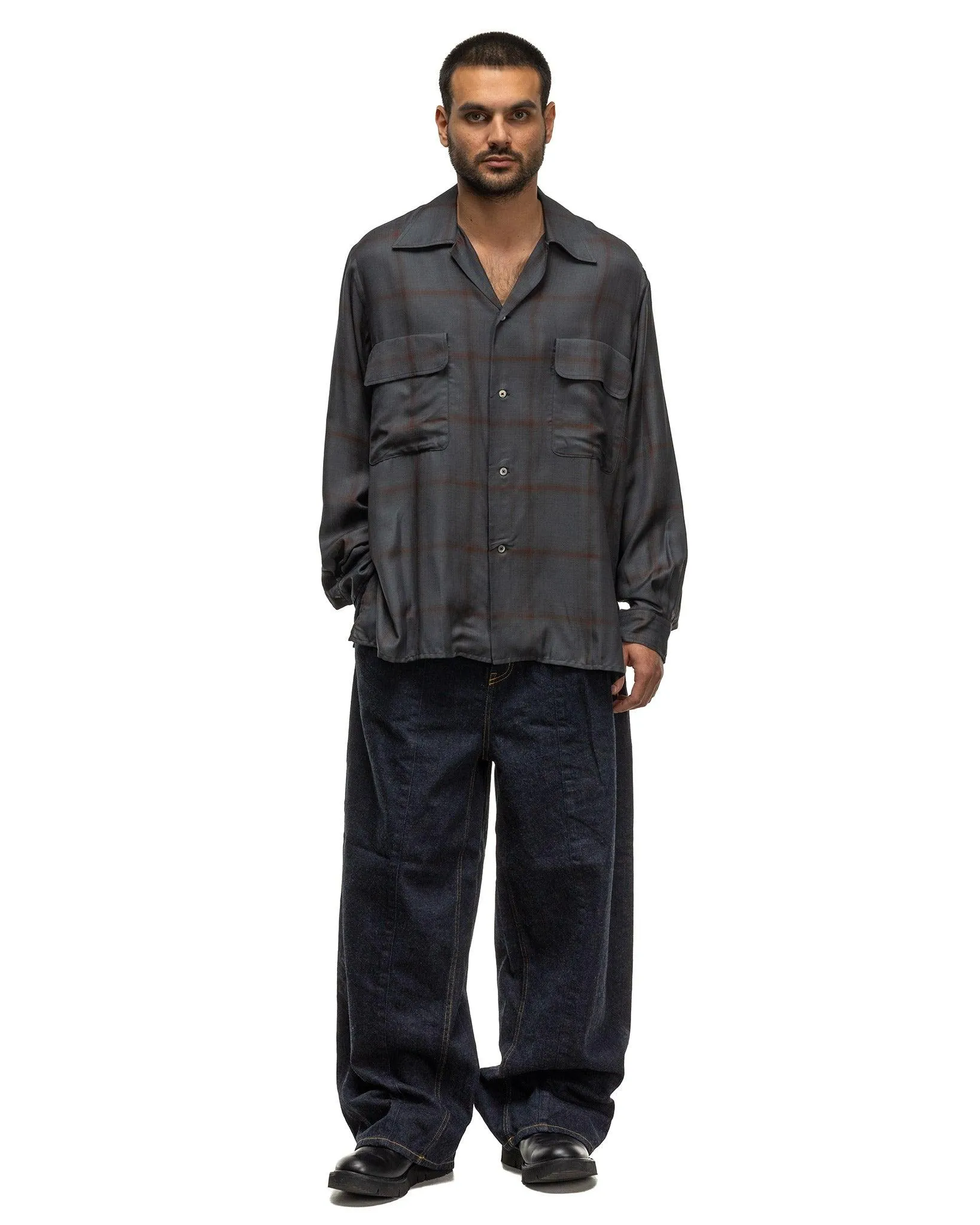 Rayon Wool Plaid Open Collar Shirt Charcoal