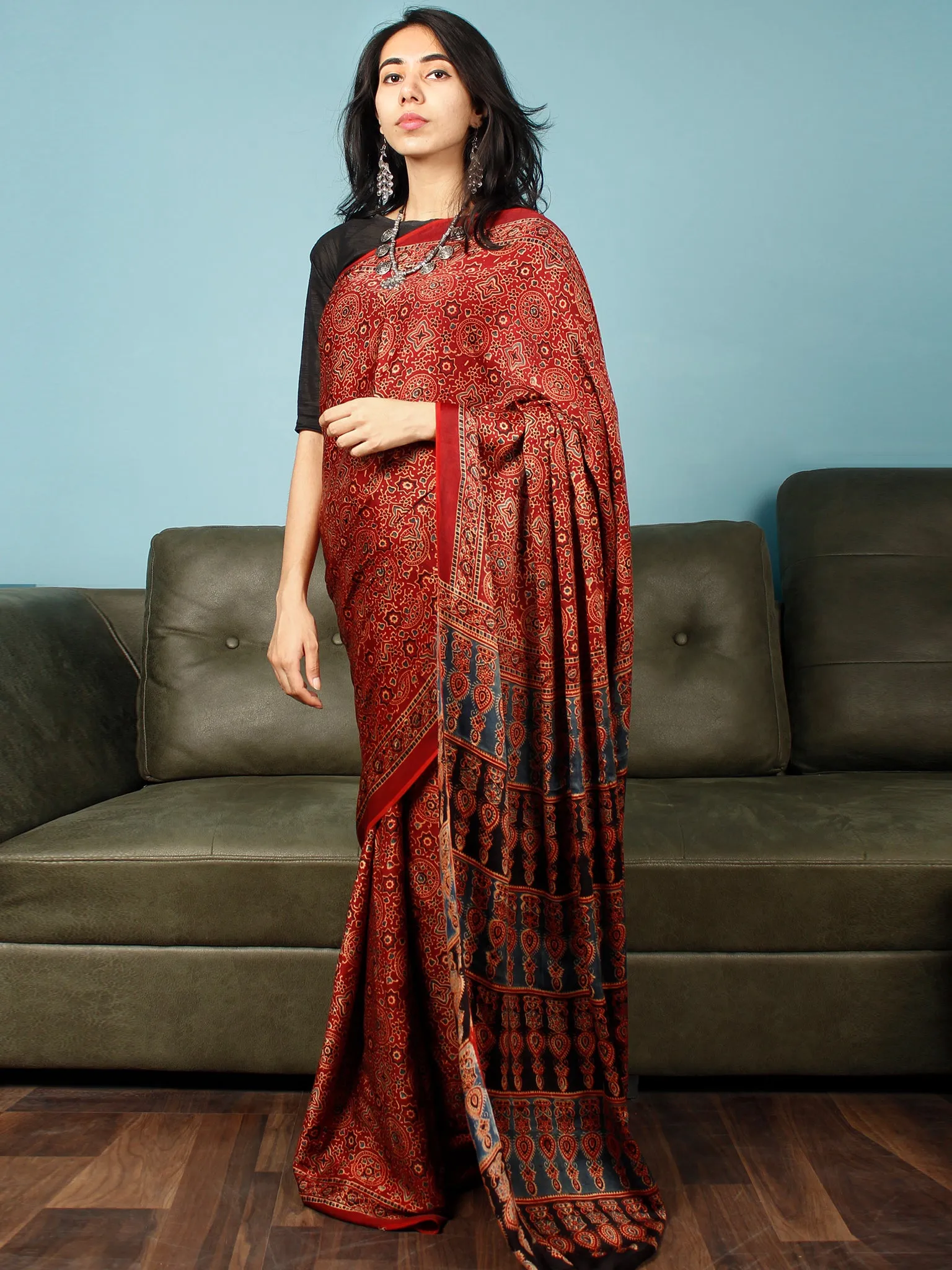 Red Indigo Black Ajrakh Hand Block Printed Modal Silk Saree in Natural Colors - S031704286