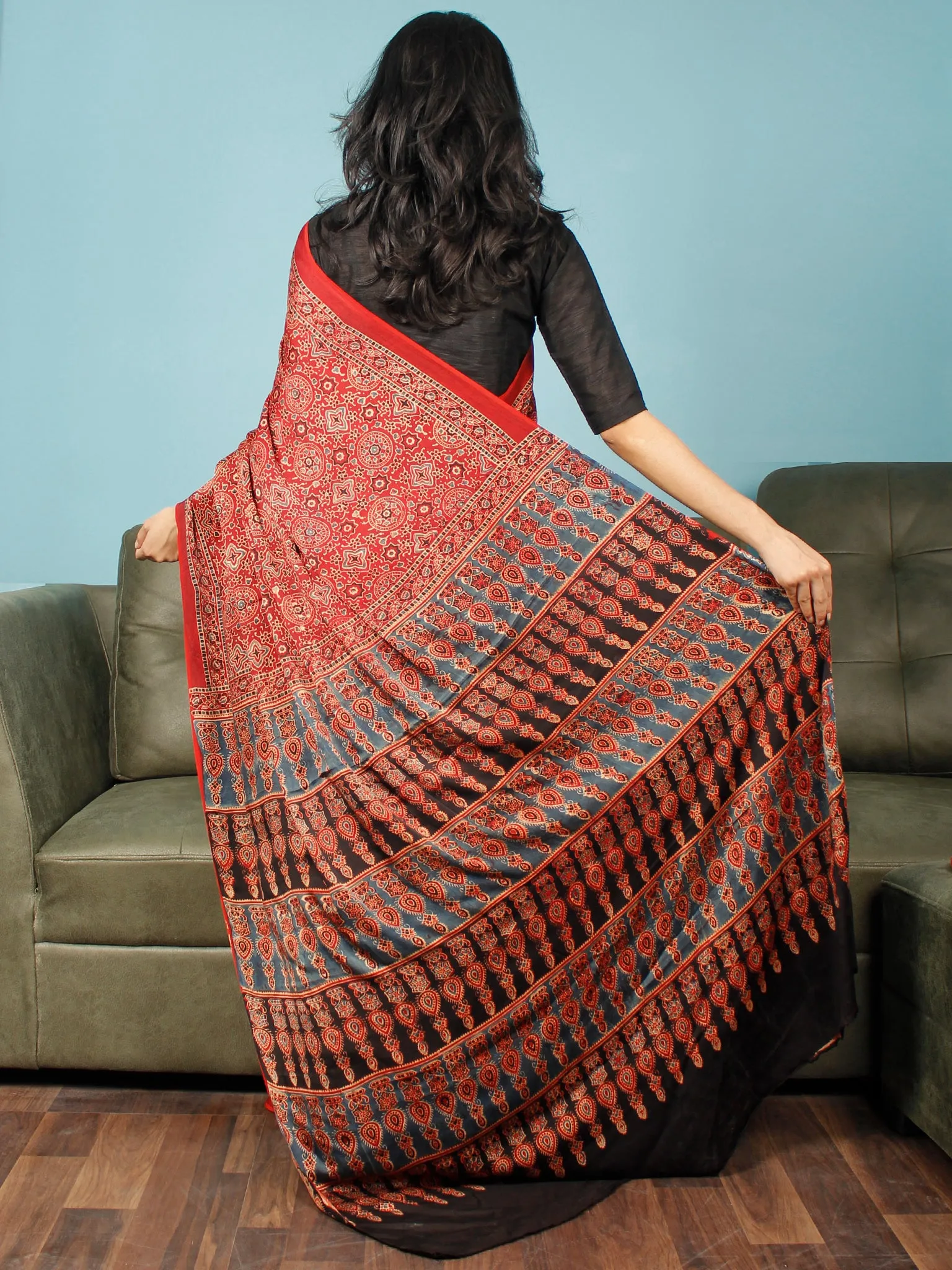 Red Indigo Black Ajrakh Hand Block Printed Modal Silk Saree in Natural Colors - S031704286