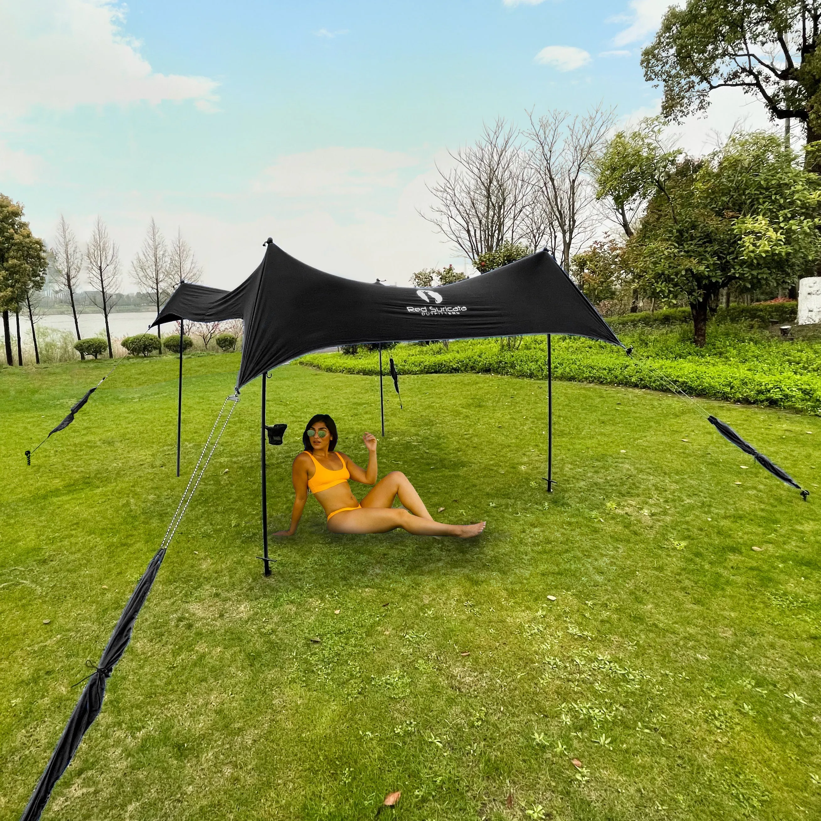 Red Suricata Black Multi Terrain Sun Shade Canopy Tent Sunshade with sand bags & ground anchor screws