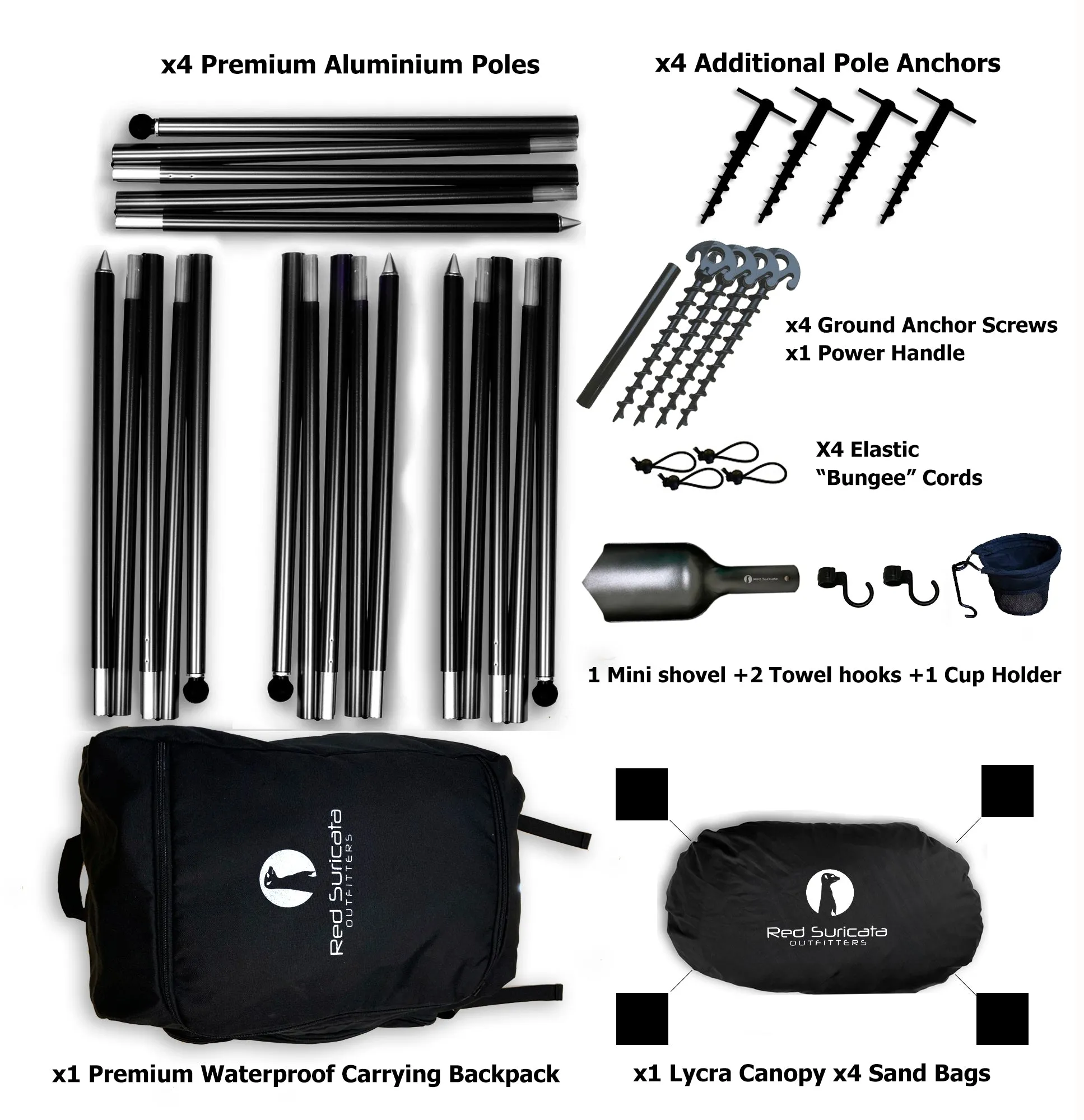 Red Suricata Black Multi Terrain Sun Shade Canopy Tent Sunshade with sand bags & ground anchor screws