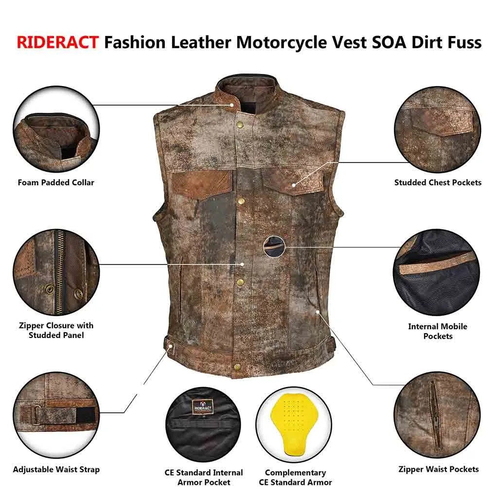 RIDERACT® Fashion Leather Motorcycle Vest SOA Dirt Fuss