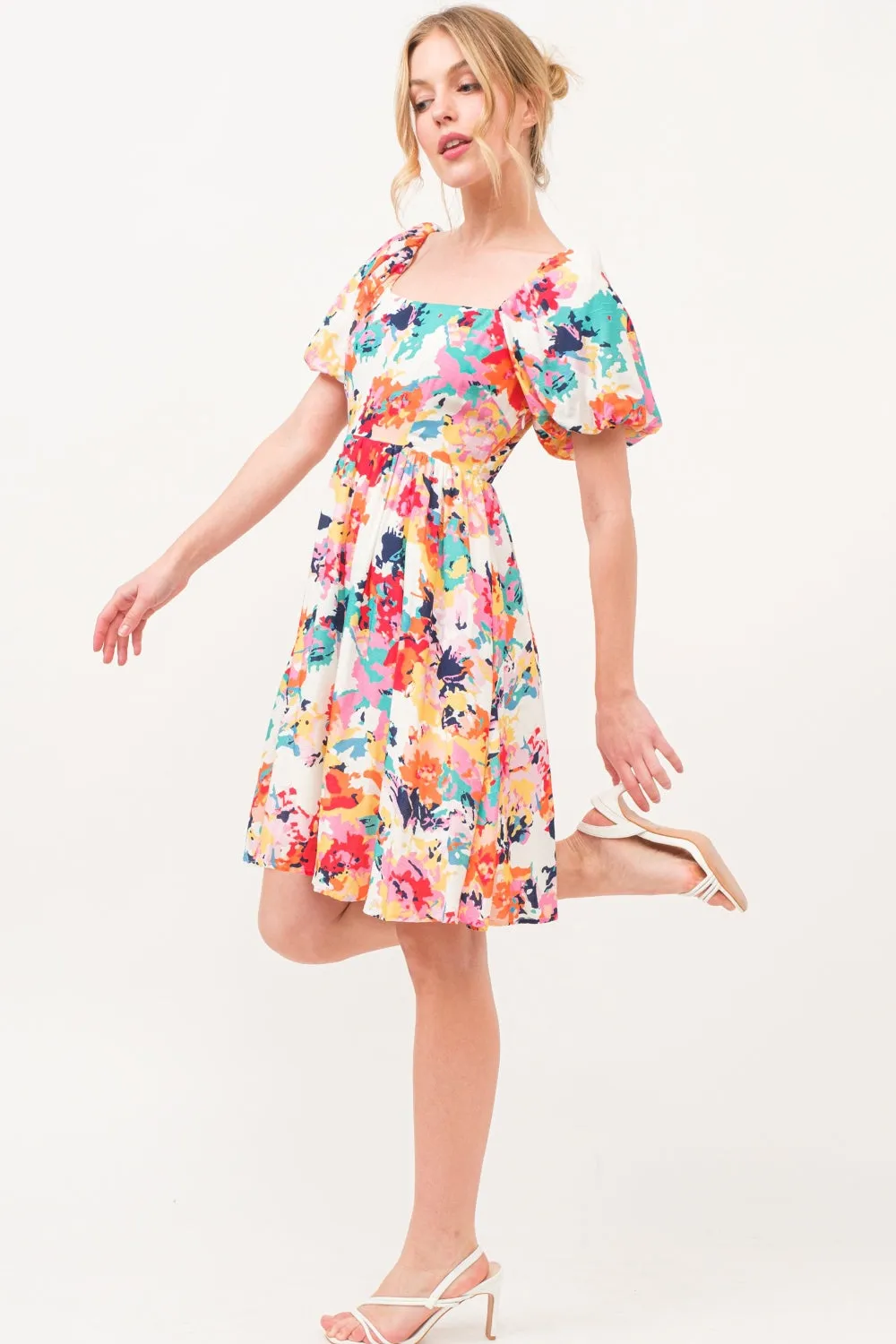 Short Puff Sleeve Floral Dress