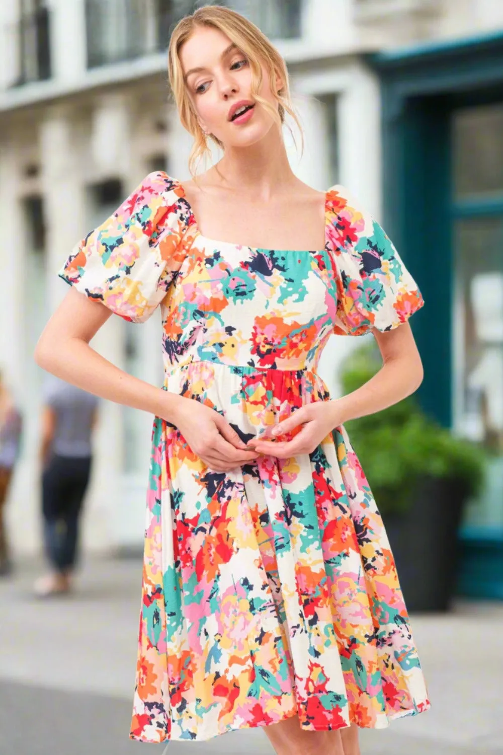 Short Puff Sleeve Floral Dress